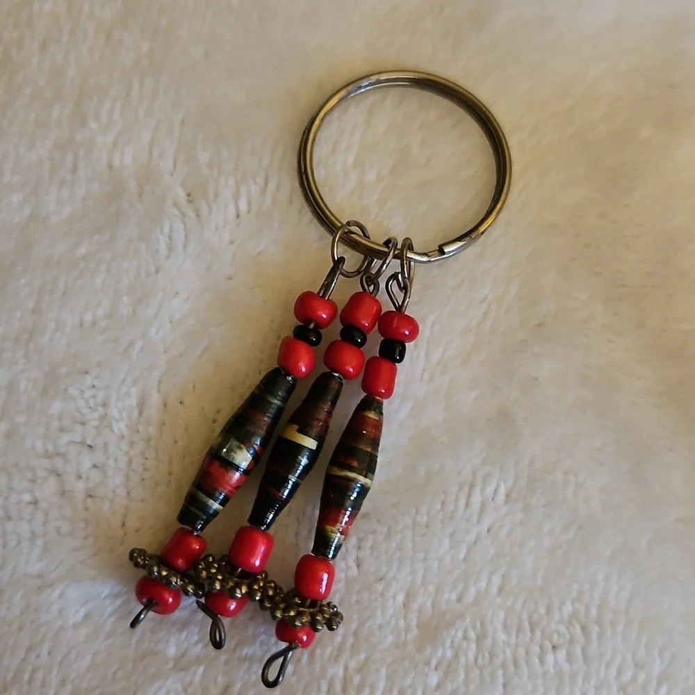 3/$30 Red African Paper Beaded Keychain